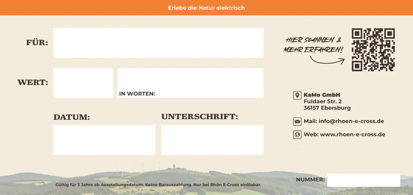 Gutscheinrückseite mit Feldern für Empfänger, Wert, Datum, Unterschrift und Nummer